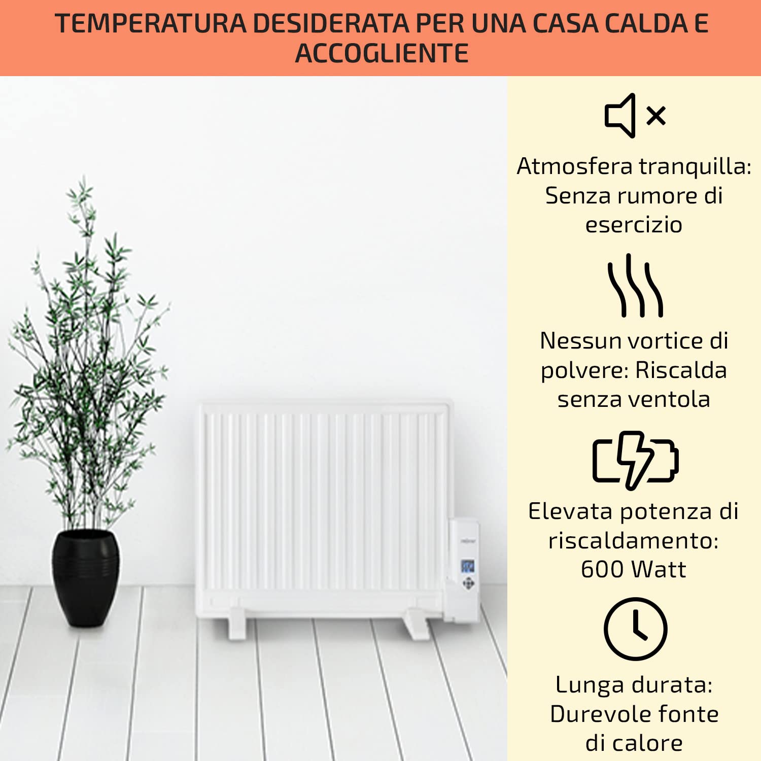 oneConcept Stufa Elettrica Basso Consumo, Termosifone Elettrico Silenzioso da 600W da Muro, Radiatore ad Olio Indipendente e Portatile Smart, Termosifone ad Olio con Touch Control e Termostato
