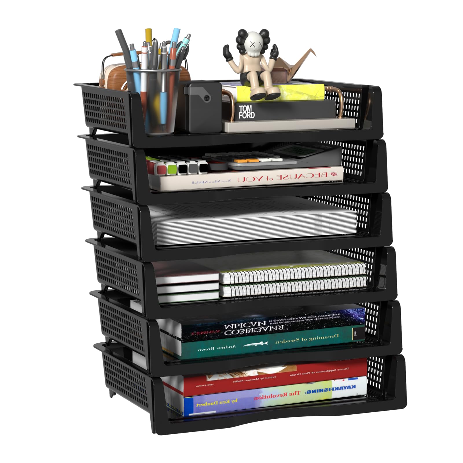 Set di 6 vassoi per lettere in plastica, impilabili, impilabili, formato A4, organizer da scrivania, colore nero