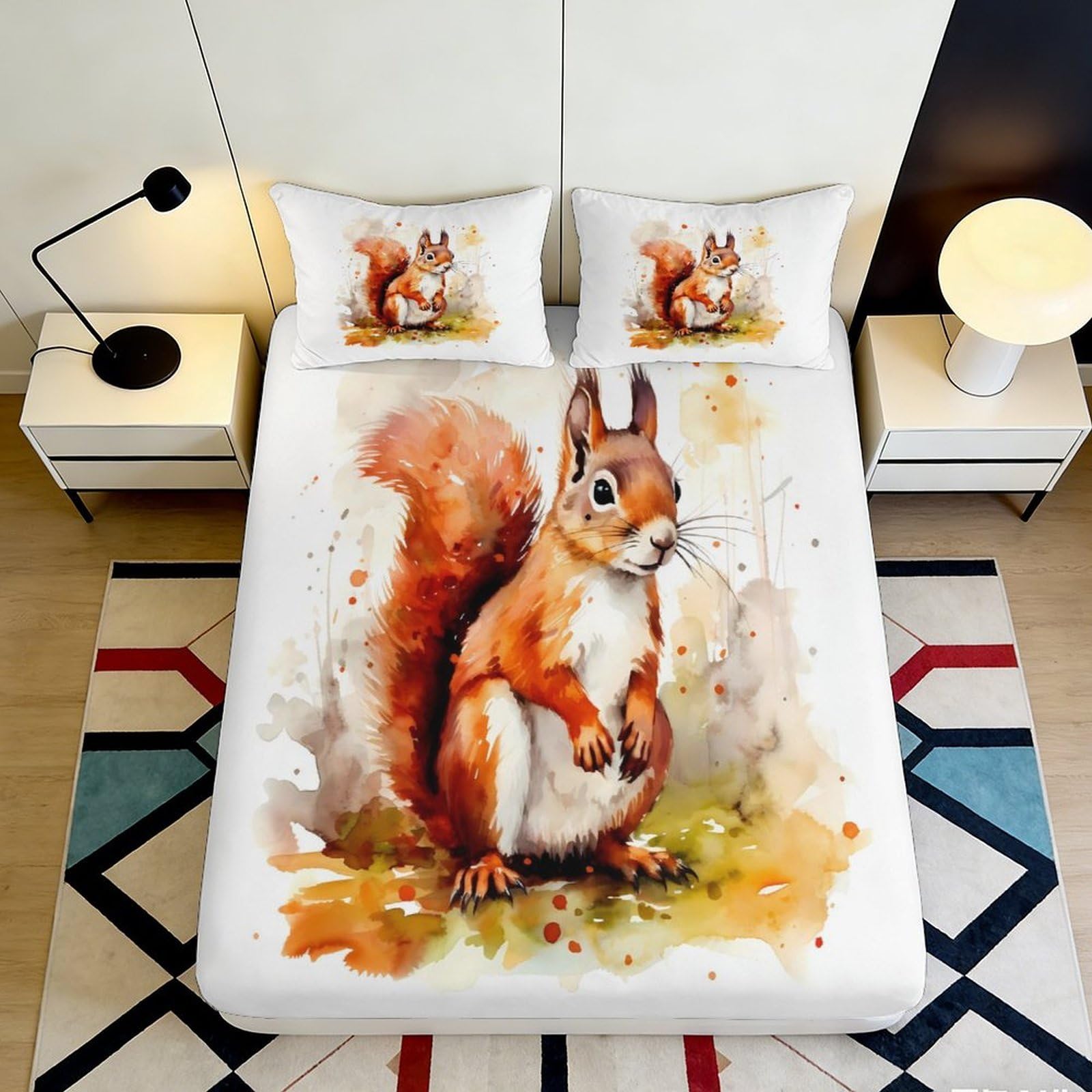Dhbaneiok Style-8 3D Printed Watercolor Squirrel Fitted Sheet Microfiber Soft Anti-Slip Autumn Forest Bed Cover For Bedroom Dorm Decor 90X200x25cm