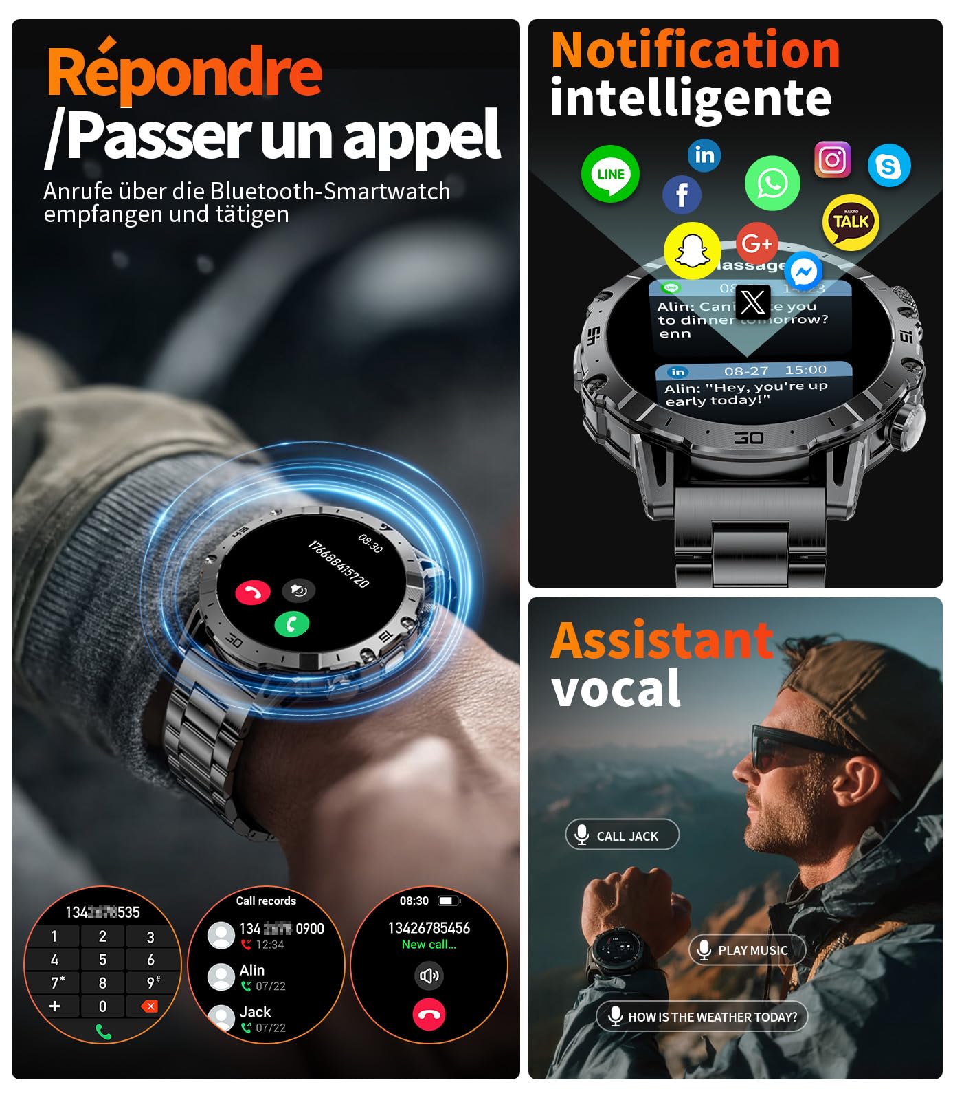 SUNKTA Montre Connectée Homme,1000mAh Longue Autonomie Batterie/1.7‘’ Grand Écran avec Appels/Lampe de Poche/IP68 Étanche Fréquence Cardiaque/Pédomètre,3 Bracelet Smartwatch pour Android iOS