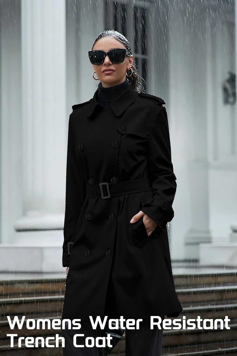 Betusline Women's Double Breasted Waterproof Trench Coat Classic Lapel Overcoat with Belt - Image 5
