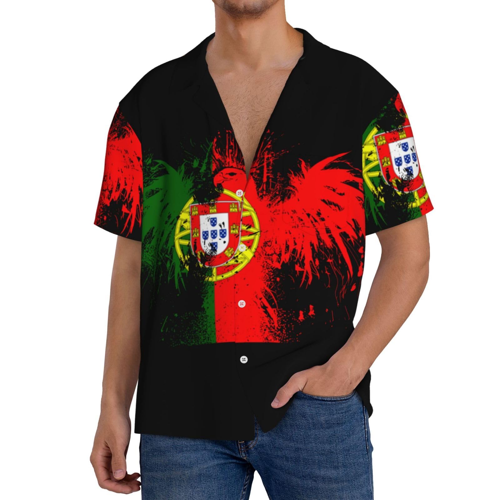 Asbwuo Unisex As Pic Portugal Portuguese Flag Men's Casual Soft Short-Sleeved Shirt Cuba Collar Shirts For Men