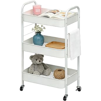 3 Tier Rolling Cart Metal Storage Cart with Wheels for Home Bathroom Kitchen Laundry Office and Rolling Cart Kitchen for Books Vegetables and Snacks White