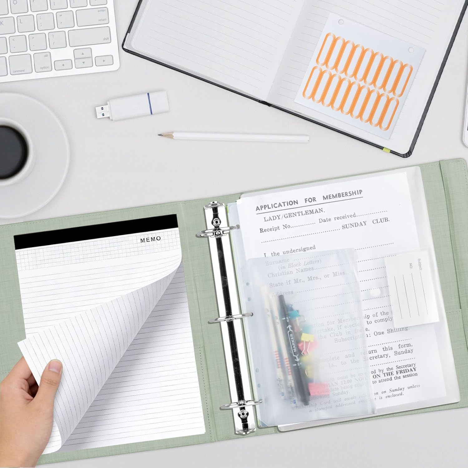 3 Ring Binder with Clipboard,2 Inch Binders with Notepad&5 Dividers with Pockets, Labels,PU Clipboards for School Office(Green Tulip,Letter Size)