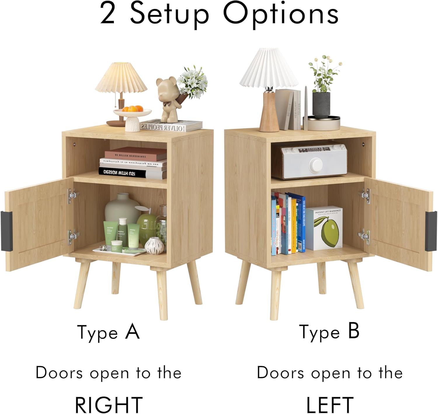 Night Stand, Rattan Wood Nightstand, Small Bedside Table with Open Shelf and Storage Cabinet, Mid Century Modern Nightstand for Kids and Adults, End Table for Living Room, Bedroom, Oak