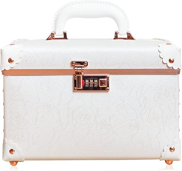 urecity Makeup Box Vanity Case with Mirror Cosmetic Organiser Box Beauty Storage Train Case with Combination Lock 13" Rose White