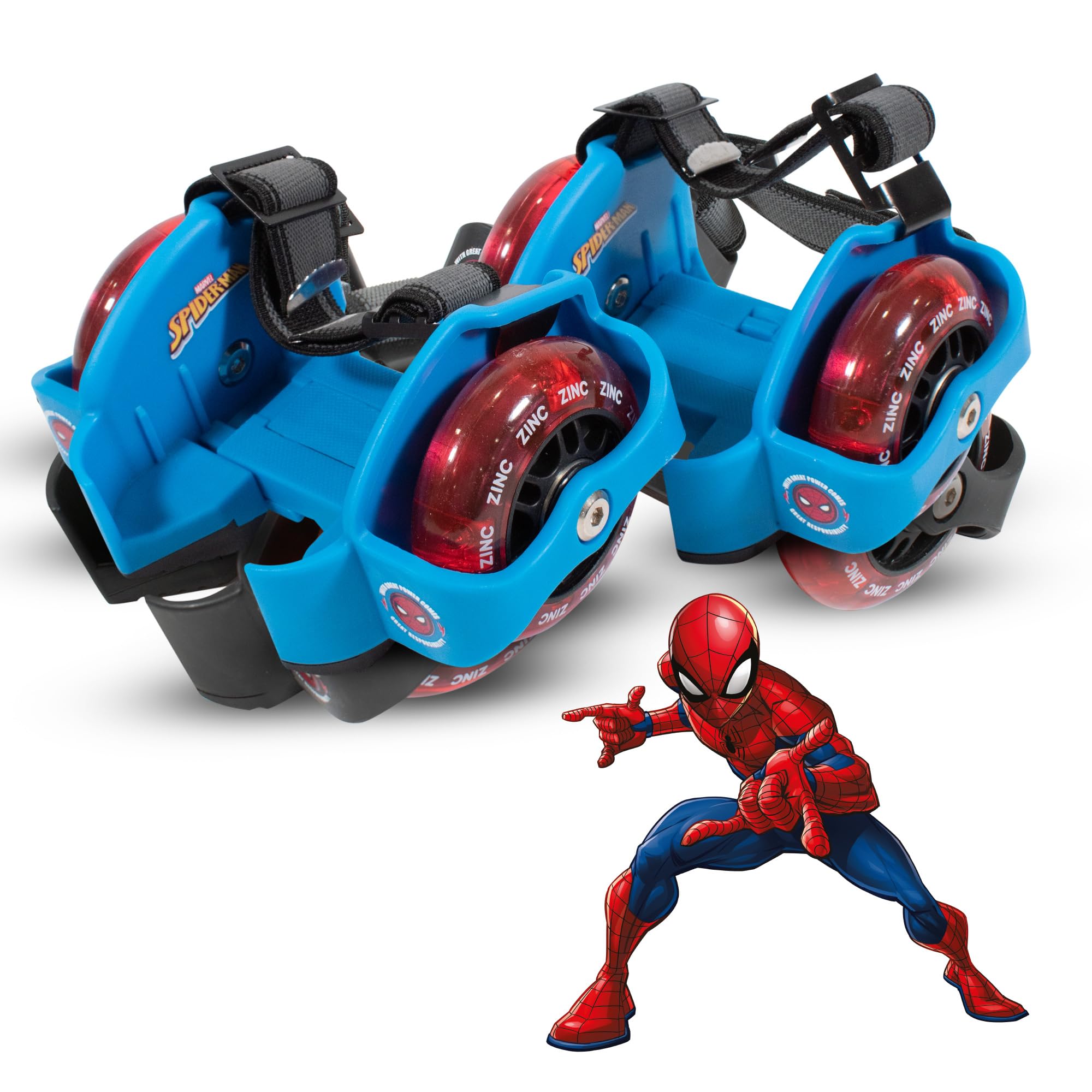 Zinc Officially Licensed Marvel Spiderman Street Gliders - For Ages 5+, Detachable Roller Skates for Shoes, Light-up Wheels, ABEC 7 Bearings for Roller Skate Shoes & Heel Brake - Blue