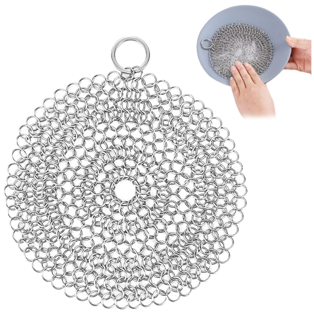 Scrubber per Cotta di Maglia in Acciaio Inossidabile, 2 pz Cast Iron Cleaner Scrubber in Acciaio Pulitore in Ghisa Ghisa Attrezzi per la Pulizia con Anello per Pentole in Ghisa