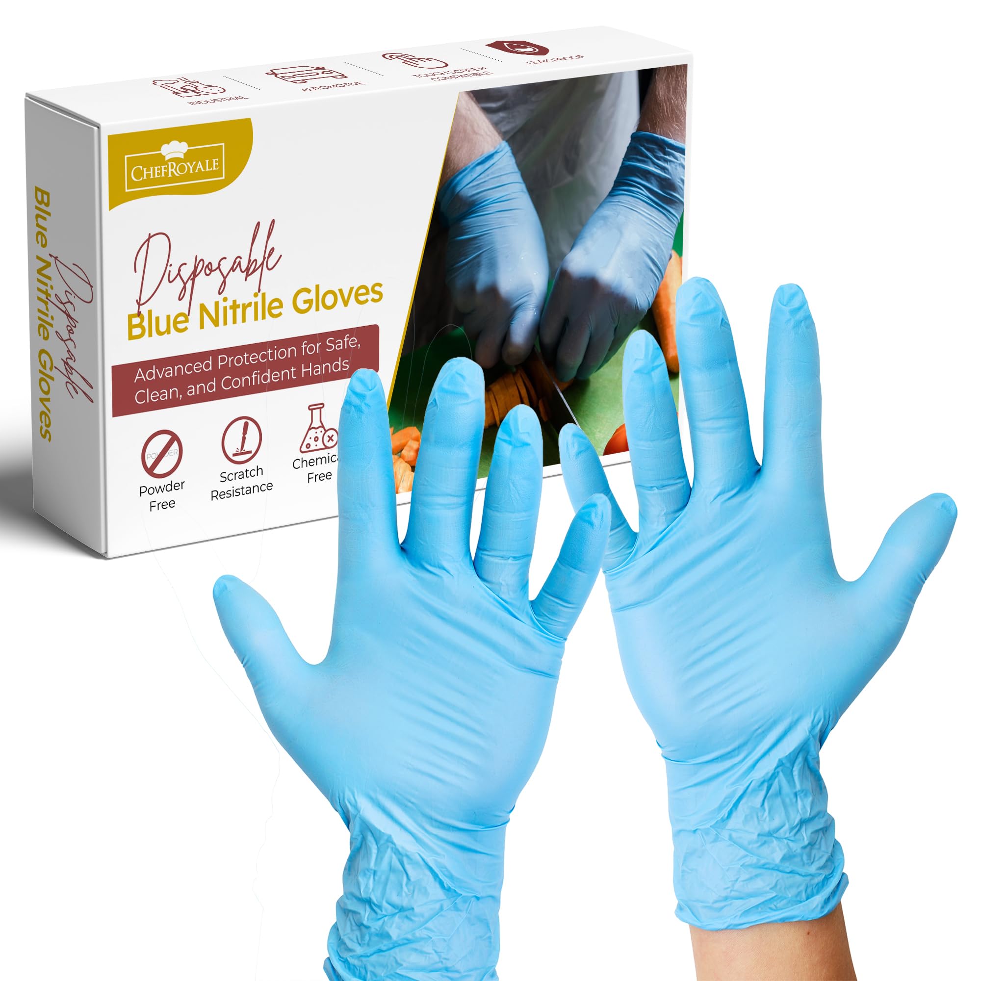 CHEF ROYALE Pack of 500 Large Disposable Blue Nitrile Gloves - Latex Free Surgicals Powder Free Medical Nitrile Gloves - Multi Use Extra Strong Food Prep