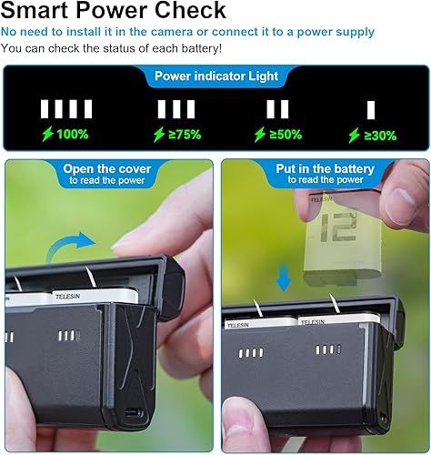 Miniatura 3 de TELESIN Cargador de batería Enduro con indicador de encendido inteligente y puerto de carga lateral para GoPro Hero 12 11 10 9 Go Pro Accesorios de