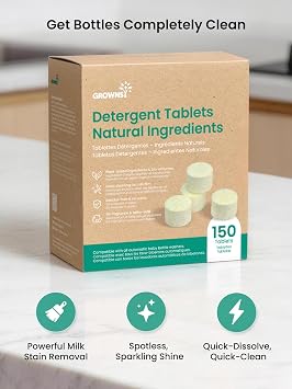 GROWNSY Bottle Washer Detergent Tablets, Plant-Based Enzyme Formula, Removes Milk Residue & Odor, Safe for Baby Bottles & Pump Parts, Compatible with All Bottle Washers, Unscented, 150 Count