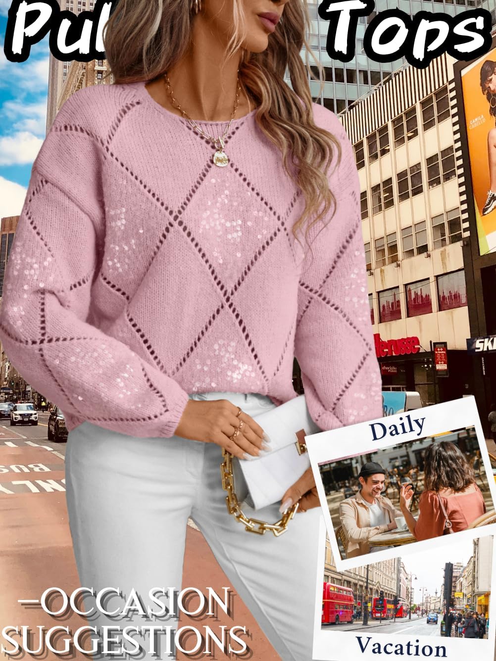 Women's Sequin Sweater, Long Sleeve Argyle Hollow Out, Crewneck Sparkly Pullover, Loose Casual Lightweight Knit Top - Image 3