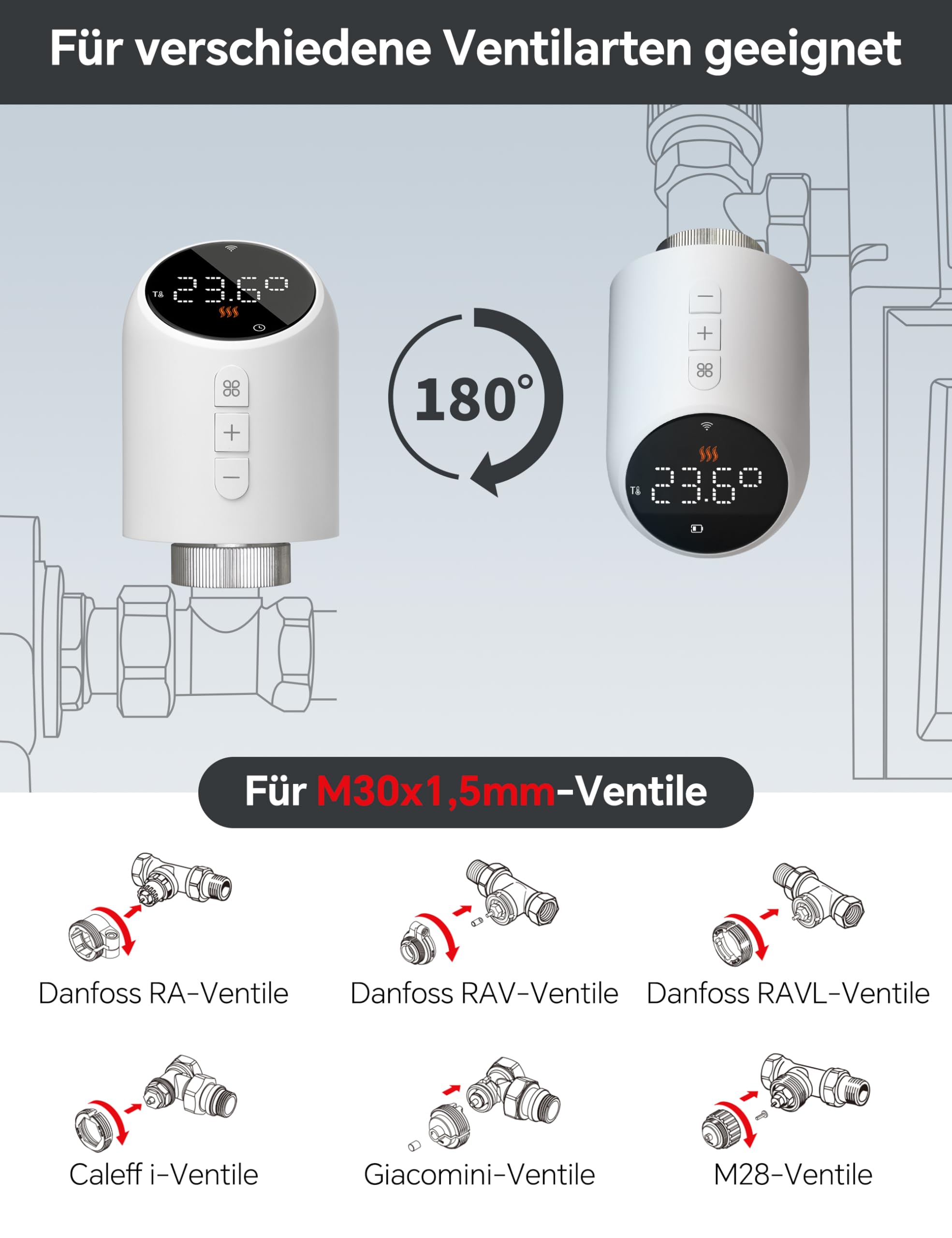 Heizkörperthermostat WLAN, Beok Thermostat Heizung Smart Thermostatkopf WiFi Heizungsthermostat Heizungsregler Digital Steuerung Per Tuya App, Google Assistant & Alexa, Batteriebetrieb
