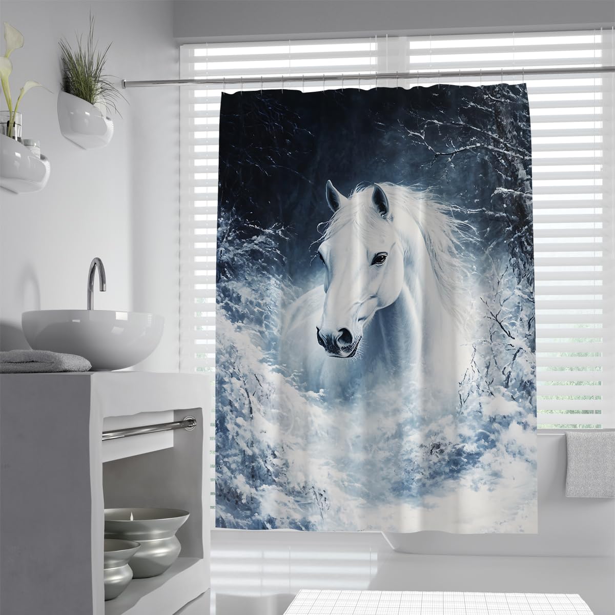 Rideau Douche en Forme Cheval Blanc Rideaux Bain pour la Faune Sauvage d’Hiver Rideau Douche Salle Bain Nature Bleu avec Crochets Décoration intérieure en Polyester étanche W120xL200 cm