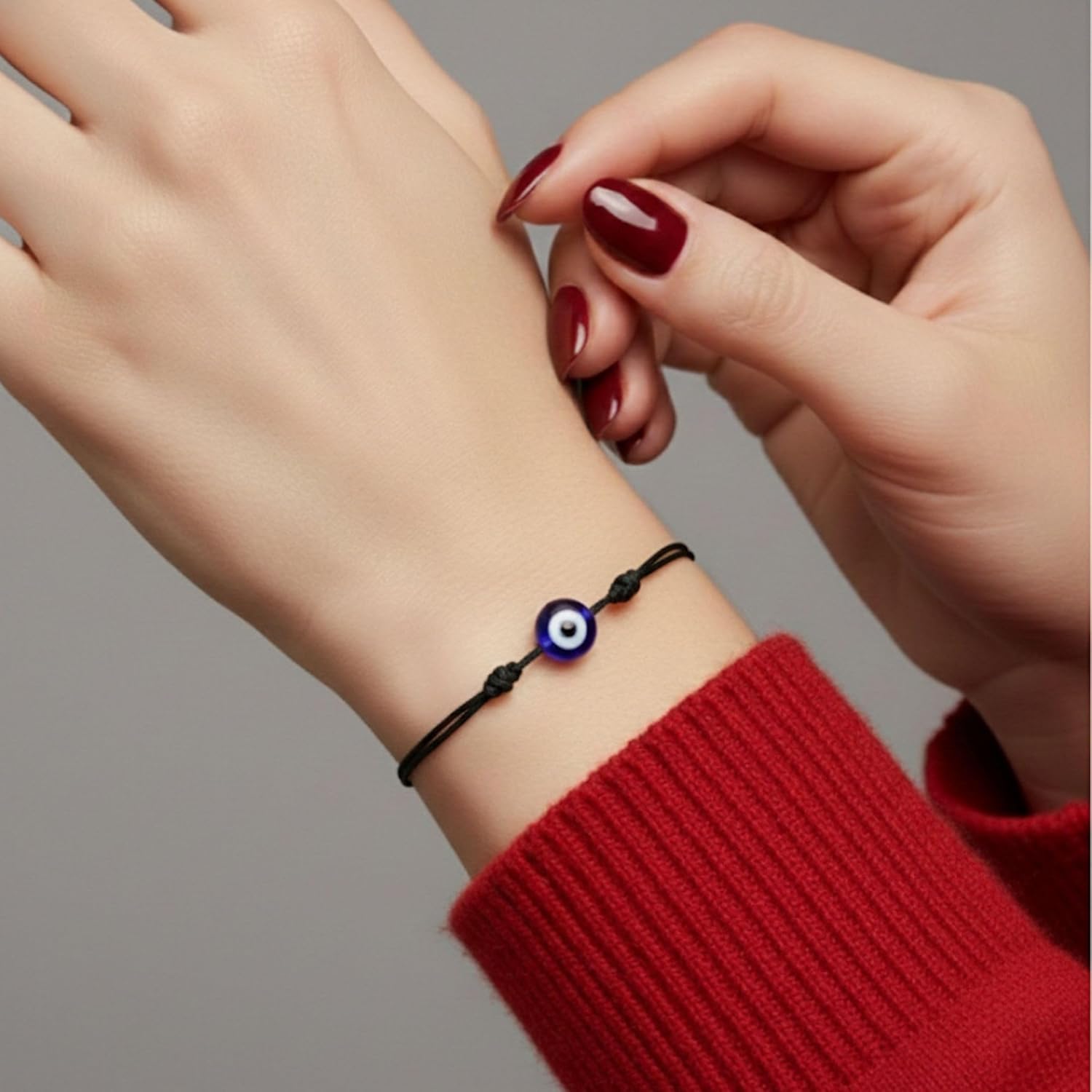 Set of 2 Adjustable Black String Evil Eye Bracelets – Handmade Protection Amulets with Blue Turkish Glass Beads & Meaning Cards | Unisex Wax Nylon Cord for Men, Women & Teens