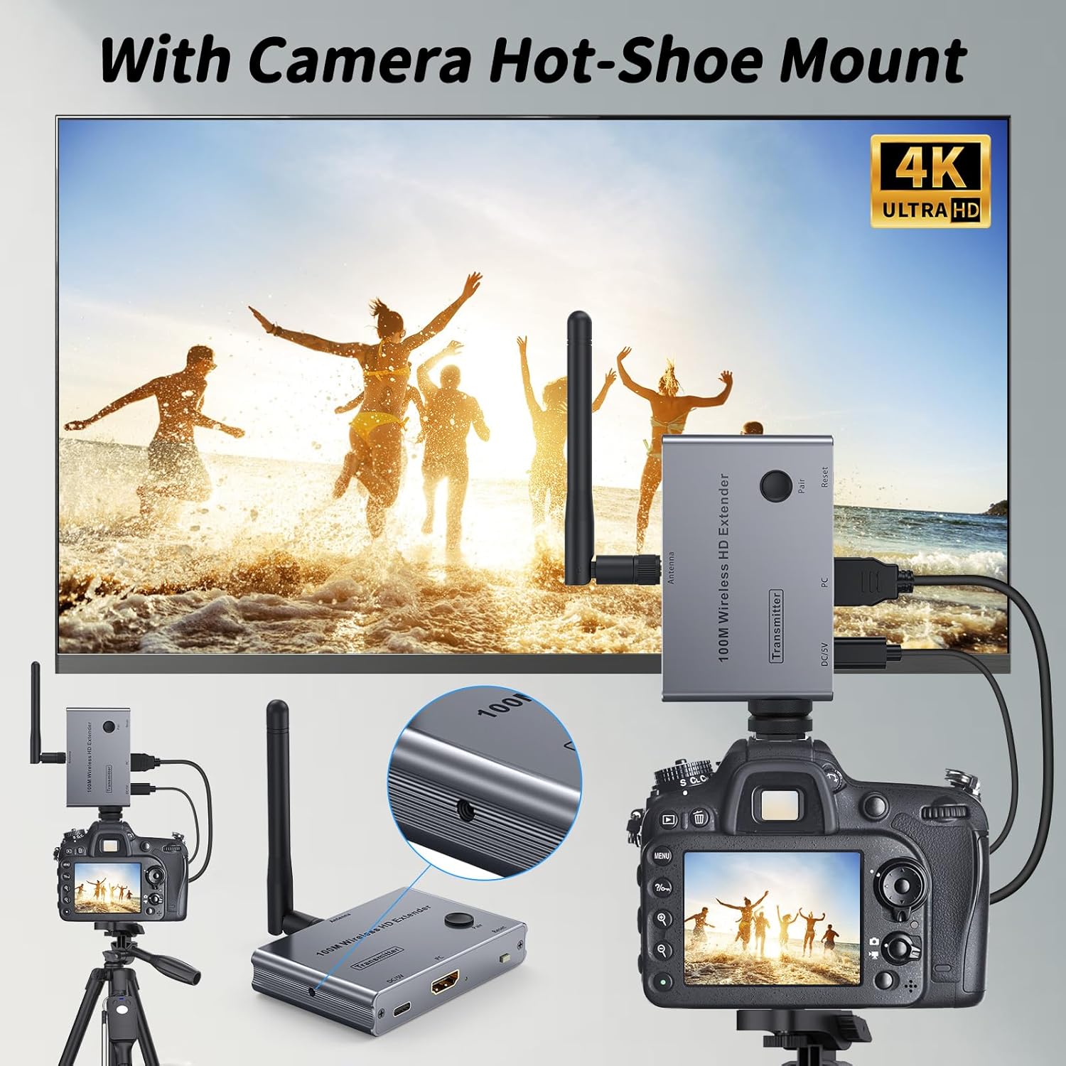 Wireless HDMI Transmitter and Receiver 4K@30Hz HDMI Wireless Extender Kit 328Ft/100M 4K Video & Audio Sender and Receiver for Casting Video & Audio to Large Screen TV/Projector from Laptop/PC/Camera