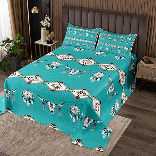 Juego de colcha azteca tamaño King, diseño de calavera de toro exótica acolchada para niños, atrapasueños, diseño de plumas étnicas tribales y