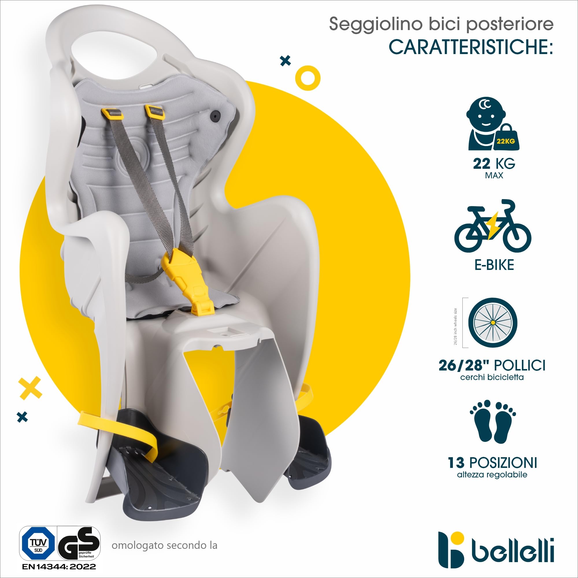 Bellelli | Mr Fox - Seggiolino Posteriore per Bicicletta - per Bambini Fino a 22 kg, da 3 a 8 Anni - Si Fissa al Telaio - Colore Silk Grey