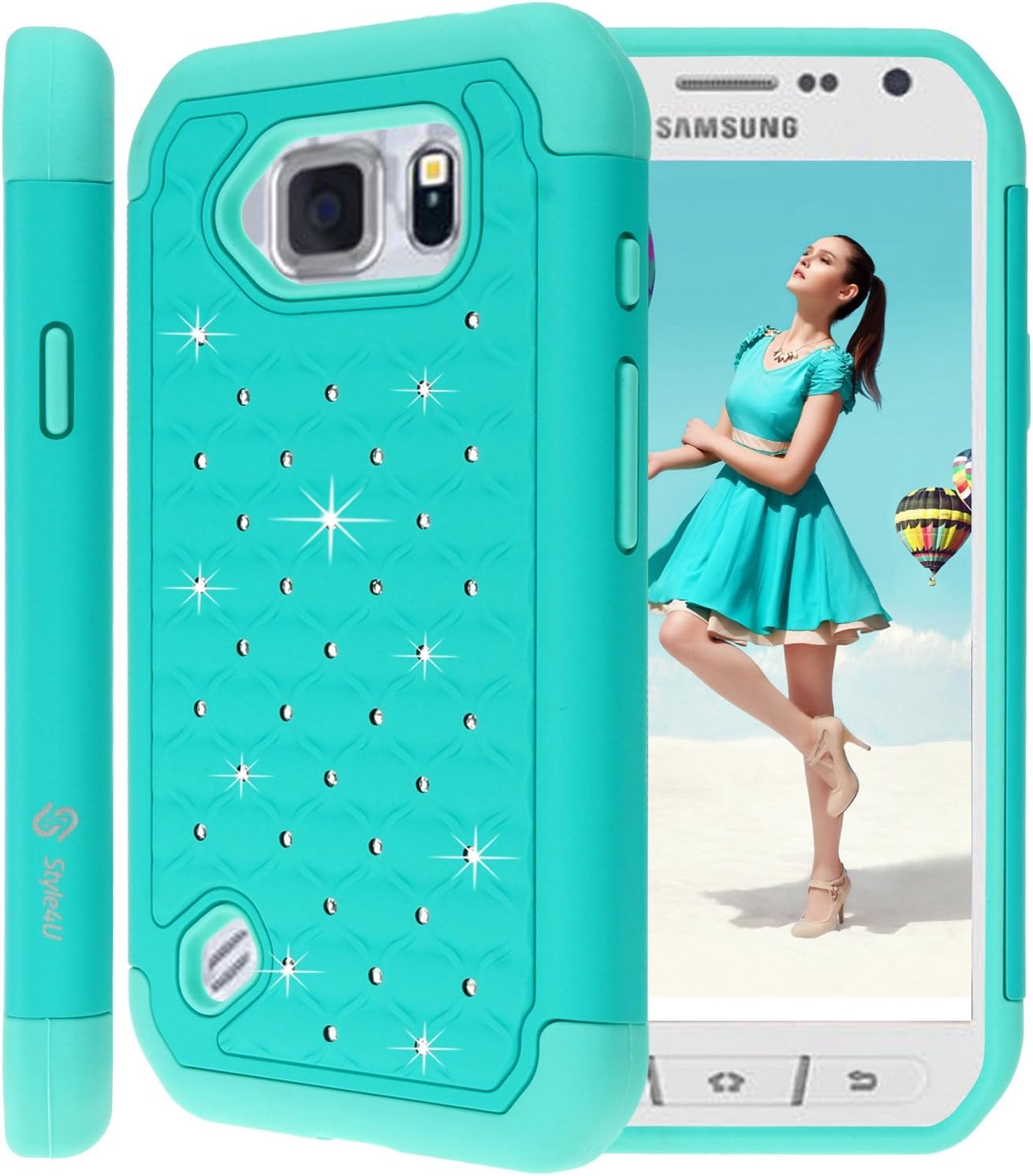 Style4U S6 Active Case, Galaxy S6 Active Case, Studded Rhinestone Crystal Bling Hybrid Armor Case Cover for Samsung Galaxy S6 Active **Does Not Fit Galaxy S6** with 1 Stylus [Teal/Mint Green]