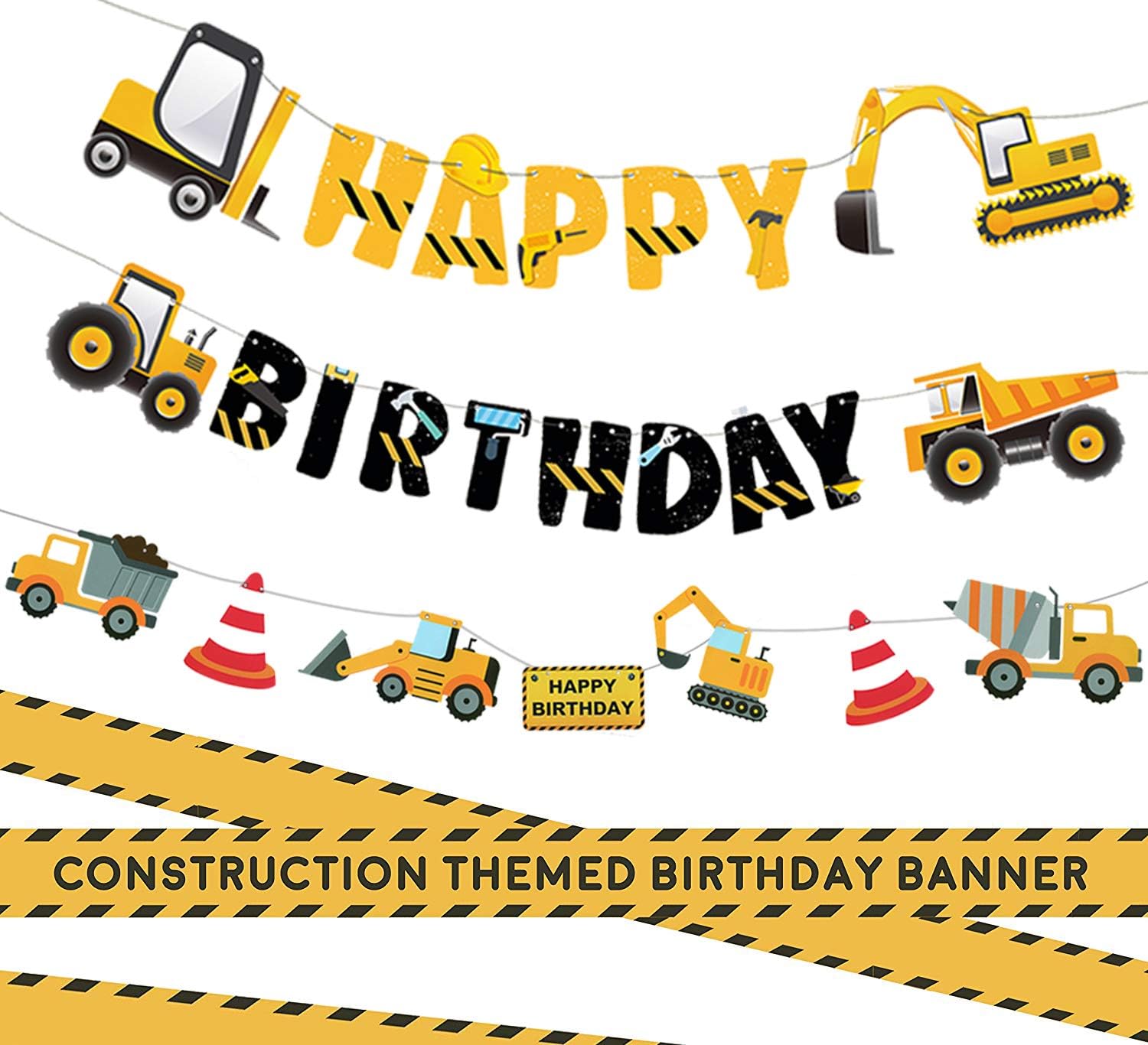 COCO&ANGELO 3 Packs Construction Happy Birthday Banner and Vehicle Truck Garland, Construction Party Supplies Decoration Set for Birthday Party, Baby Show
