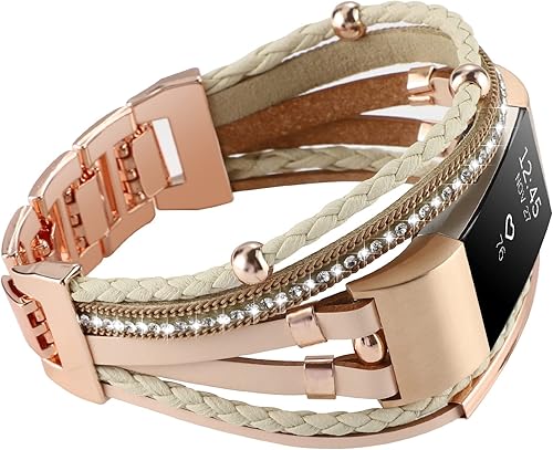 Correa de cuero elegante compatible con correas Fitbit Charge 2, pulsera bohemia hecha a mano multicapa compatible con mujeres