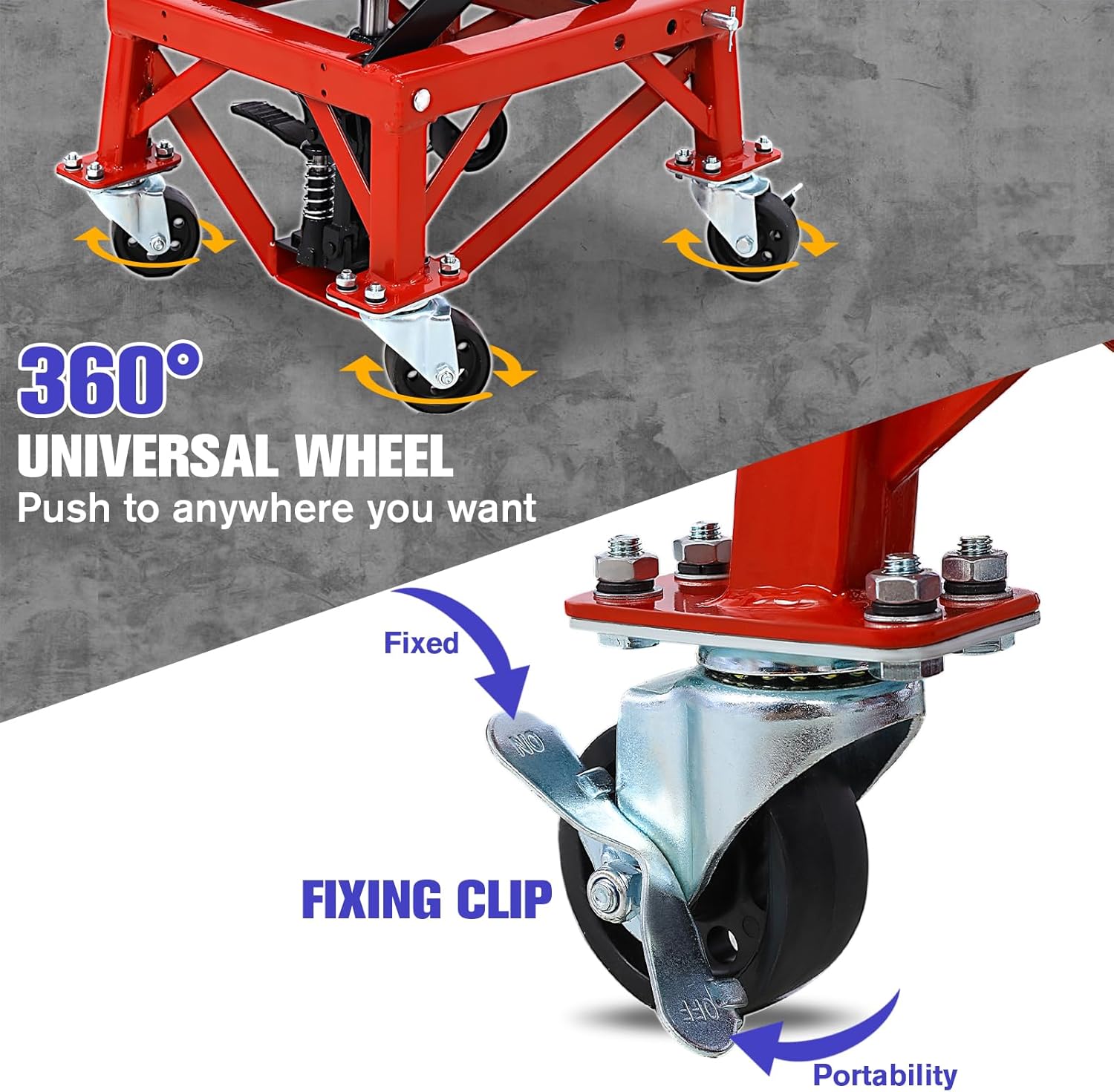 300 lbs Hydraulic Motorcycle Scissor Jack Lift Foot Step Wheels with Footstep Lever, Lift Table with 4 Wheels, Raises Bikes from 13.4" to 36.2", for Small Dirt Bikes, Red