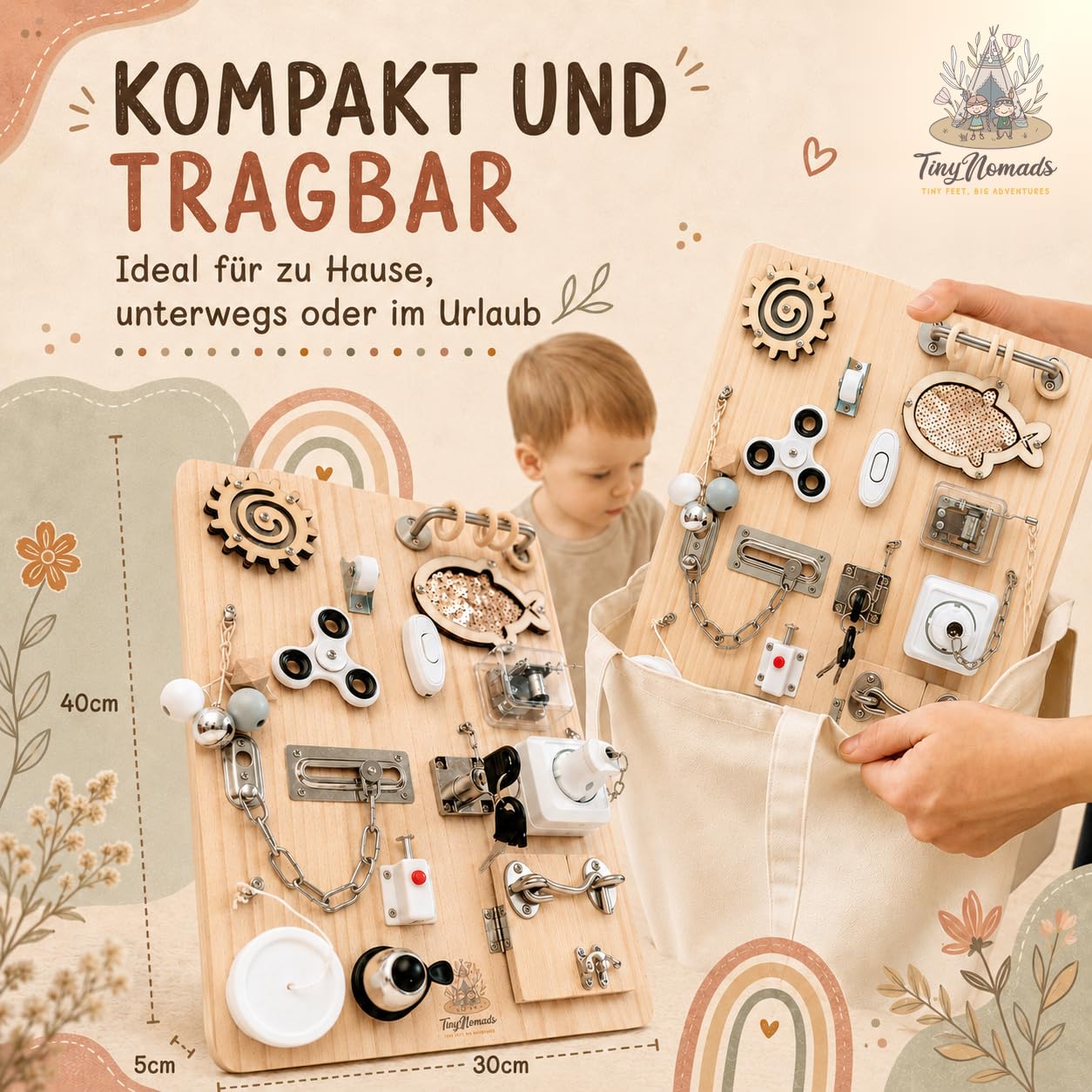 Montessori Busy Board aus Holz | Motorikbrett mit 15 Aktivitäten | Activity Board fur Kleinkind Beschäftigungsbrett Sensorik Lernspielzeug reisespielzeug Aktivitätsbrett