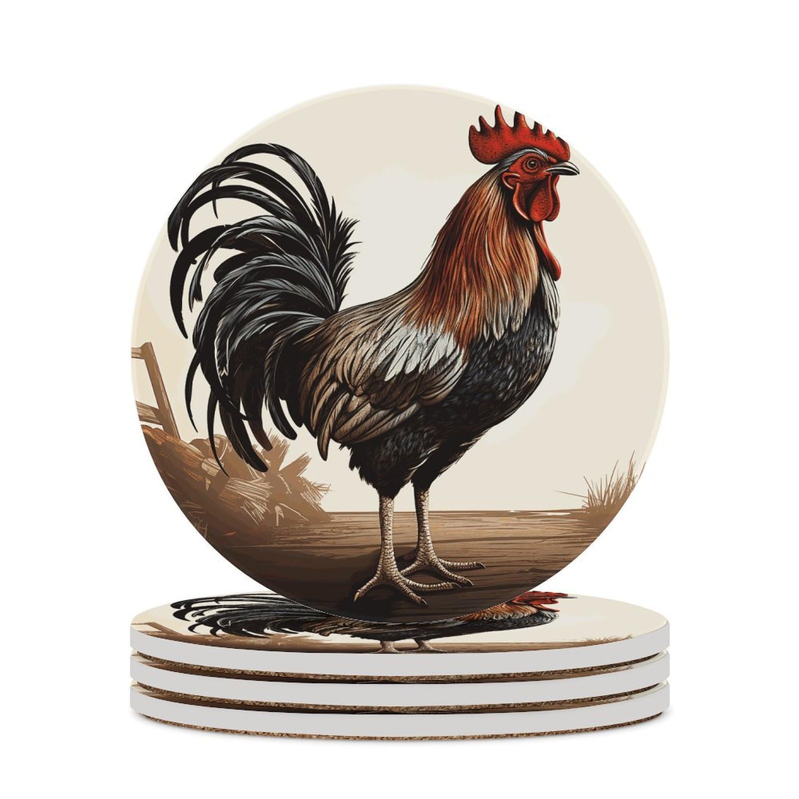 Rooster Drink Coasters with Holder for Coffee Table,Ceramic Coaster with Cork Base,Ceramic Stone Coaster for Iced Cold Or Hot Drinks,4.1 Inches