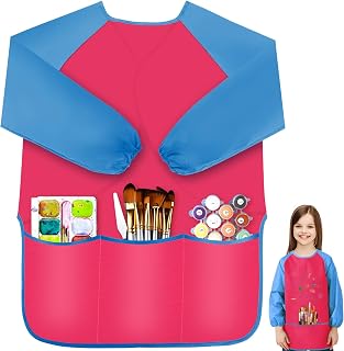 IKAYAS Kids Art Smock, Smocks for Kids Waterproof Long Sleeve Art Smocks for Kids 3-5, Rose Red Kids Paint Smock Artist Toddler Smock for Home Kindergarten Primary School Painting Supplies 3 Pockets