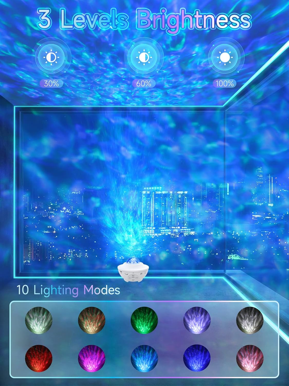 Three levels of brightness for the galaxy projector: 30%, 60%, and 100%