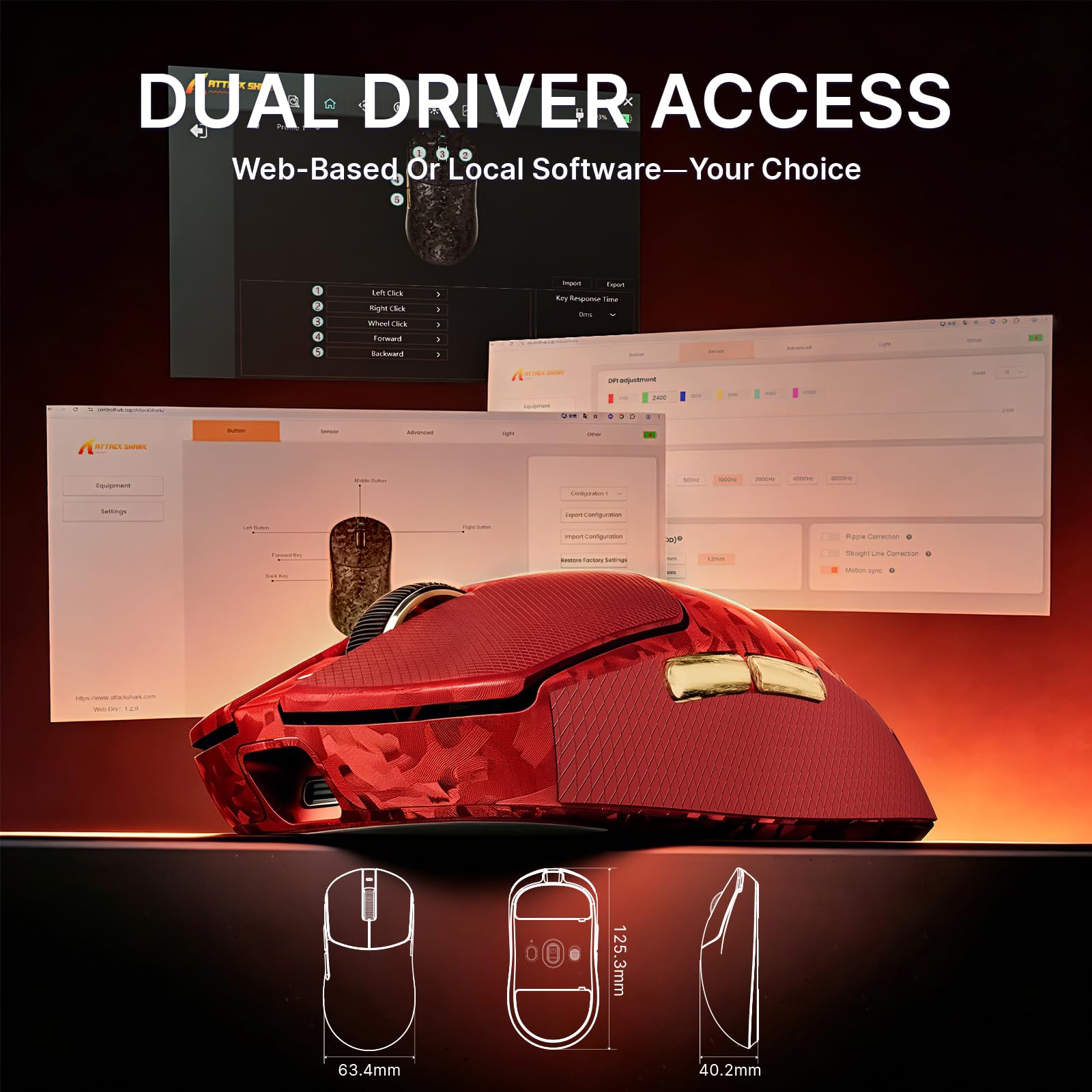 ATTACK SHARK RS3 Ultra Ratón Gaming Inalámbrico, Sensor PAW3955MAX, Chip Nordic 54L15, Fibra de Carbono, 8K Hz Polling, 52K dpi, Ultraligero 63g, BT/2.4G/Cable, Ratón Ergonómico para Esports, Rojo