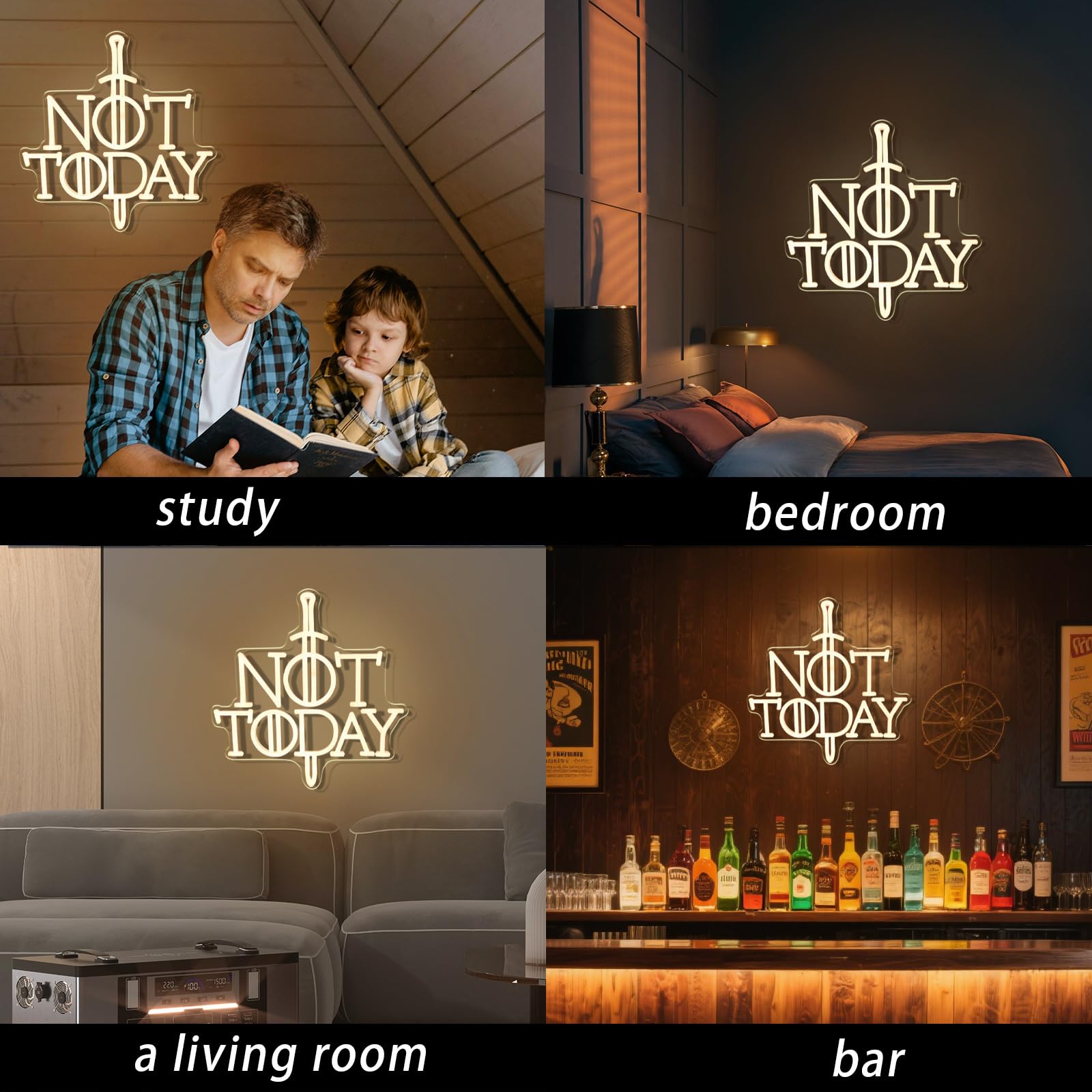 Gra z mieczem, neonowy znak "Not Today", neonowe światło do dekoracji ścian, biały znak LED, gracz, zabawny prezent do sypialni, na imprezę, do akademika, dla mężczyzny, jaskini, salonu, baru