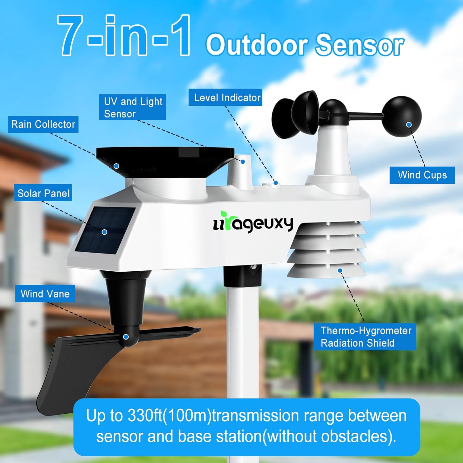 Urageuxy 7-in-1 WiFi Weather Station with 8.3 inch Color Display – Wireless Outdoor Sensor Measures Rain Gauge, Wind Speed/Direction, Temperature, Humidity, UV, Forecasts, Barometer