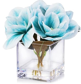 Enova Floral Artificial Real Touch Magnolia Faux Flowers Arrangement in Cube Glass Vase with Faux Water for Home Office Wedding Blue