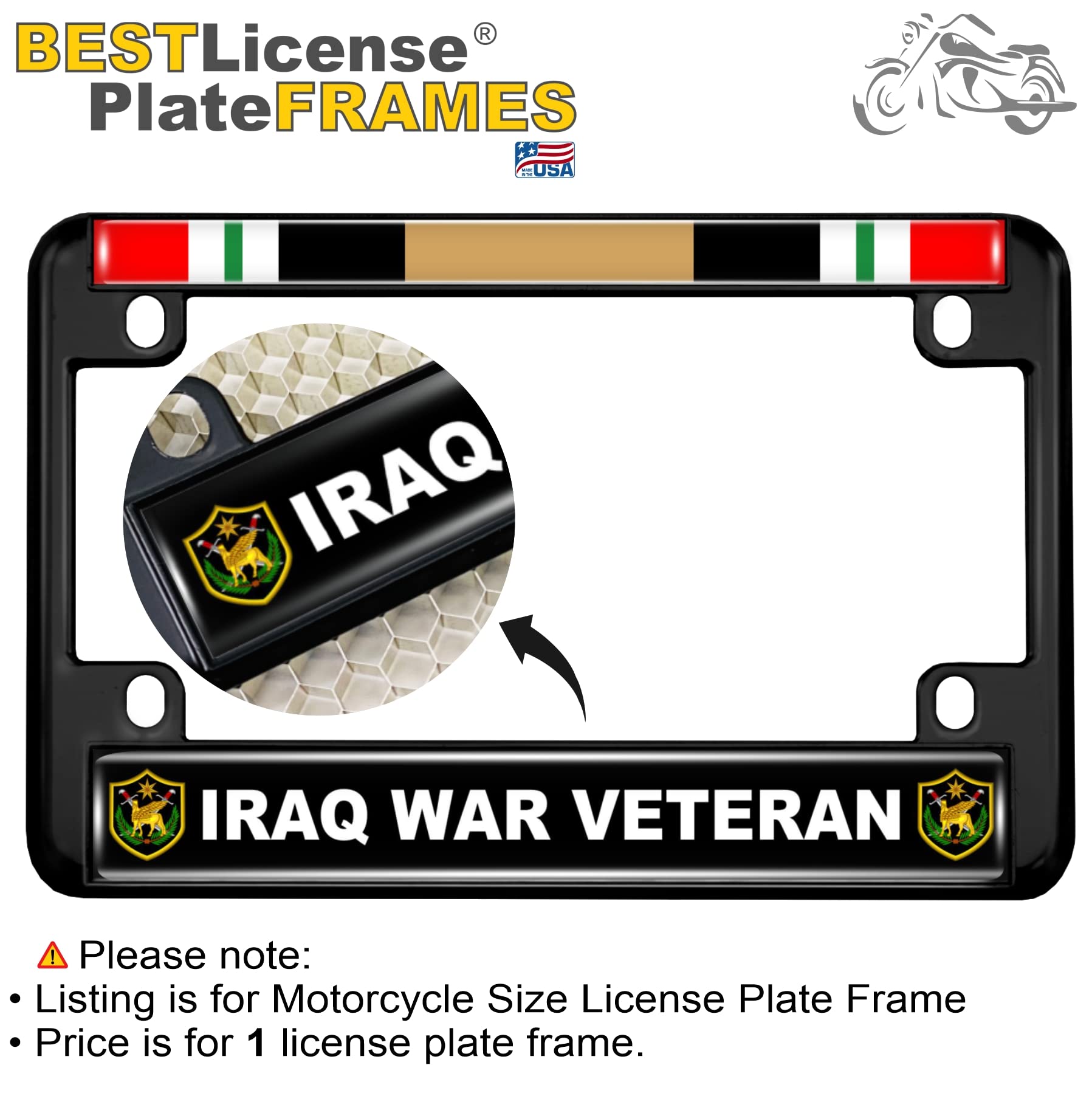 Motorcycle Metal License Plate Frame with Iraq War Veteran Design - Picture 4 of 18