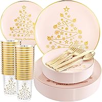 Vista 54 de LIYH 150 Pcs Plastic Christmas Dinnerware Set, Red Plastic Dinner Dessert Disposable Plates, Gold Silverware, Red Christmas Disposable Cups 10 OZ
