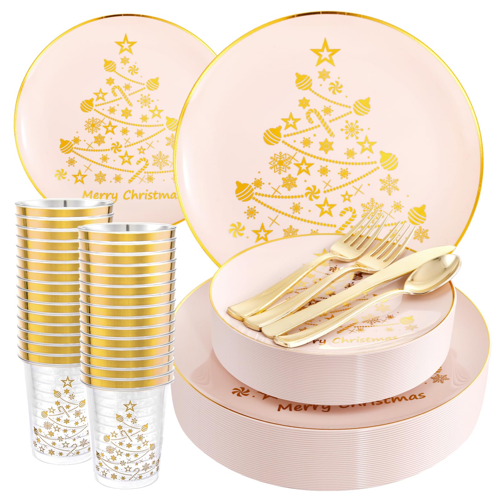 LIYH 150pcs Christmas Party Dinnerware Set,Pink and Gold Plastic Plates