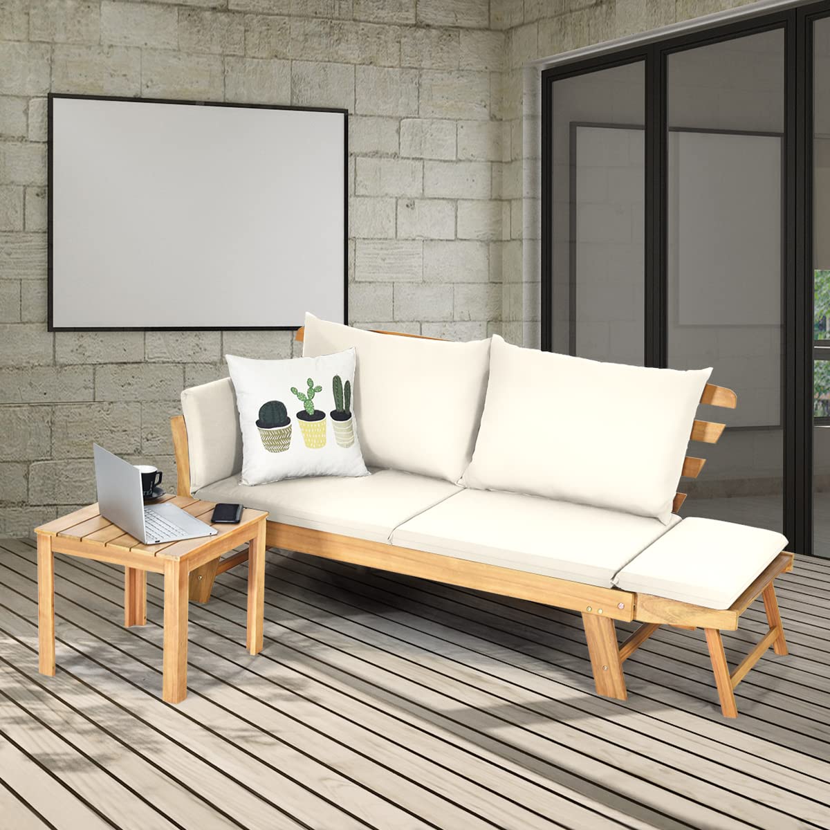 GIANTEX Divano Esterno da Giardino 2 Posti con Cuscino，Set da Giardino in Legno Certificato FSC®，Sdraio da Giardino Pieghevole da 2 Persone,153/194 x 72 x 76 cm，Beige/Grigio
