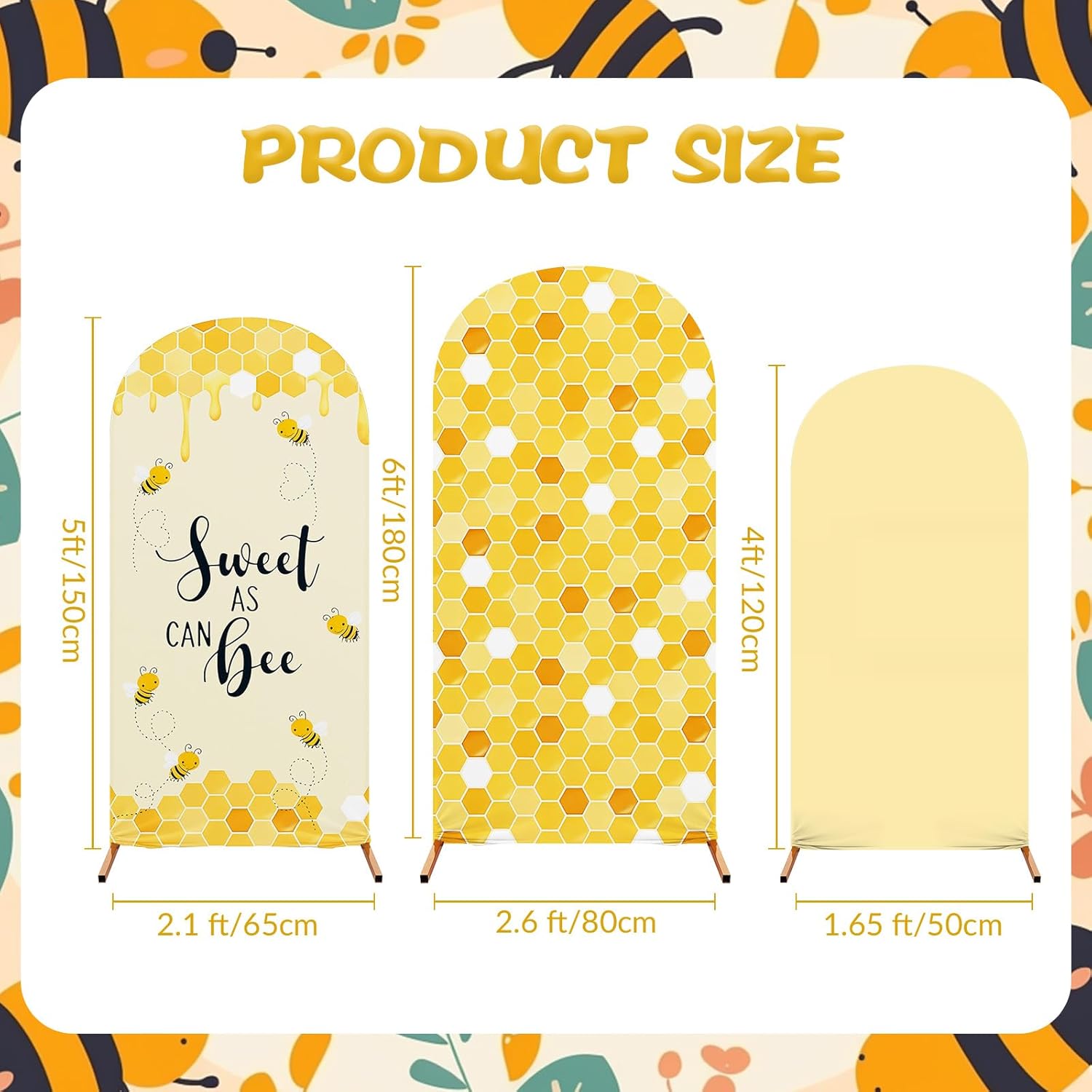 Honey Bee Birthday Party Decoration Set of 3 Arch Cover Spandex Fitted Wedding Arch Stand Covers for Bee Theme Birthday Party, 4ft, 5ft, 6ft