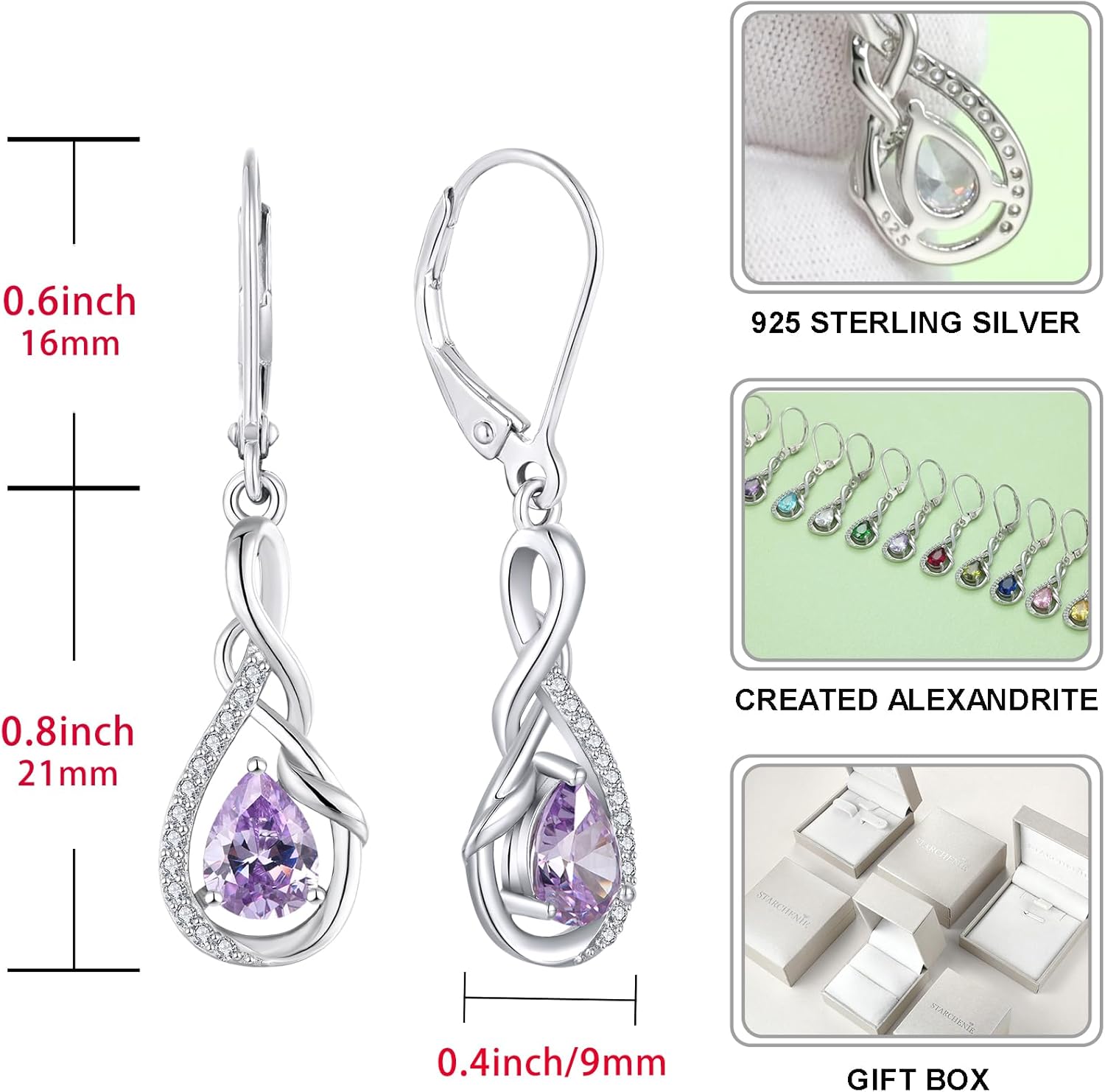 STARCHENIE 925 Sterling Silver Necklace Dangle Earrings for Women Infinity Twisted Teardrop Pendant June Birthstone Created Alexandrite Jewelry Set