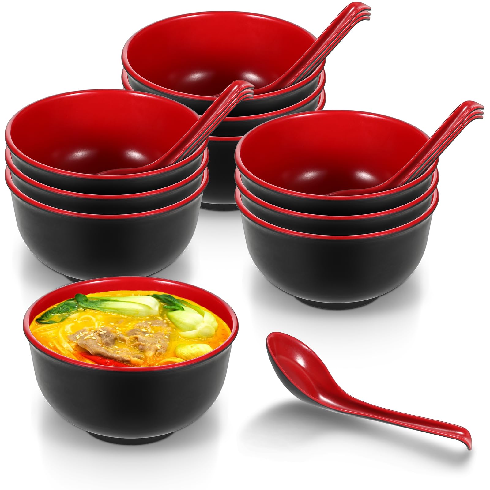 10 Sets Miso Soup Bowl with Spoon, Unbreakable Ramen Bowl, Melamine Noodle Soup Bowls, Rice Bowls, Japanese Dinnerware for Ramen Soba, Pho and Soup(16 Oz)