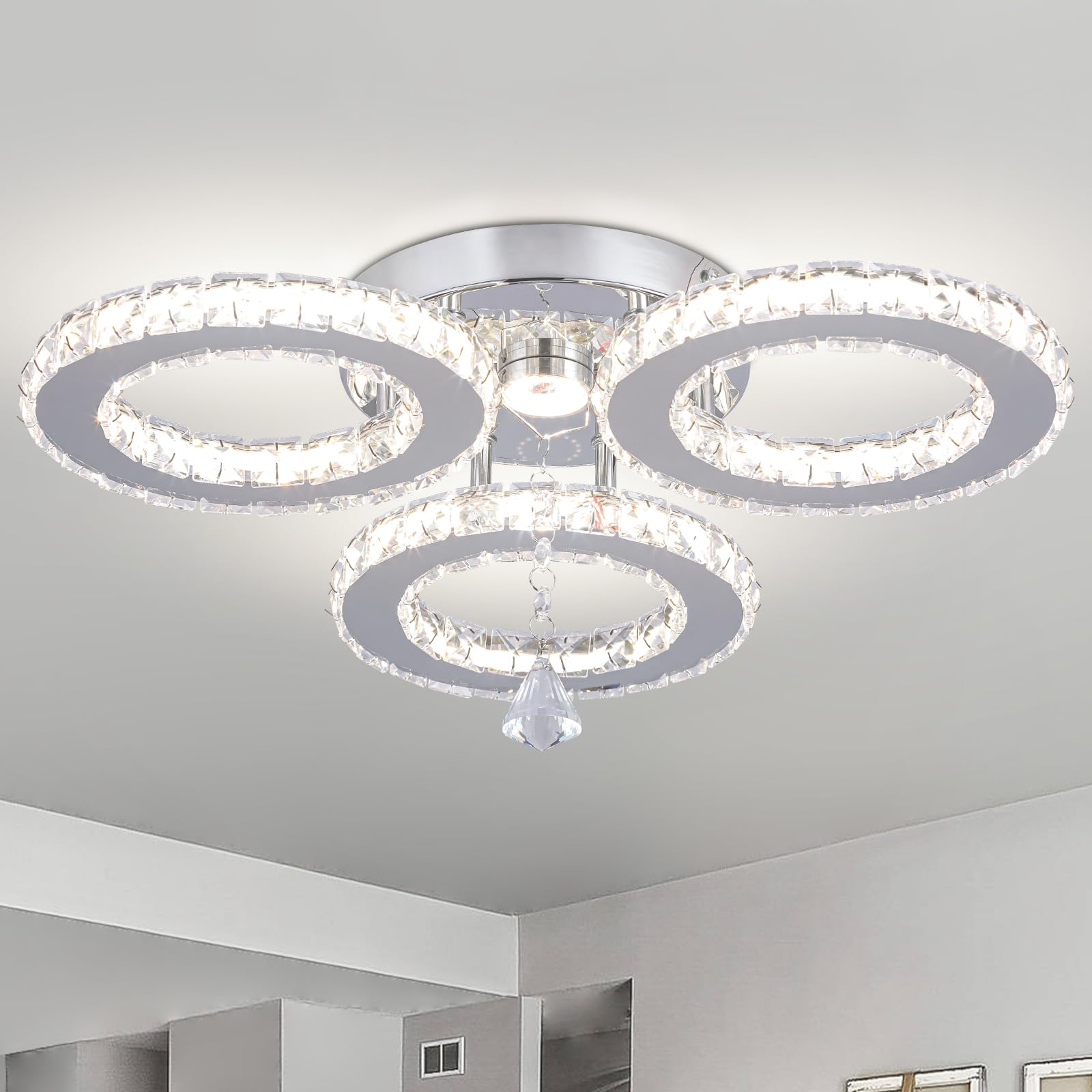 Dimmerabile LED cristallo plafoniera 13x3.5 pollici 3 anelli lampadario di cristallo Flush Mount apparecchio di illuminazione per camera da letto Hobby soggiorno