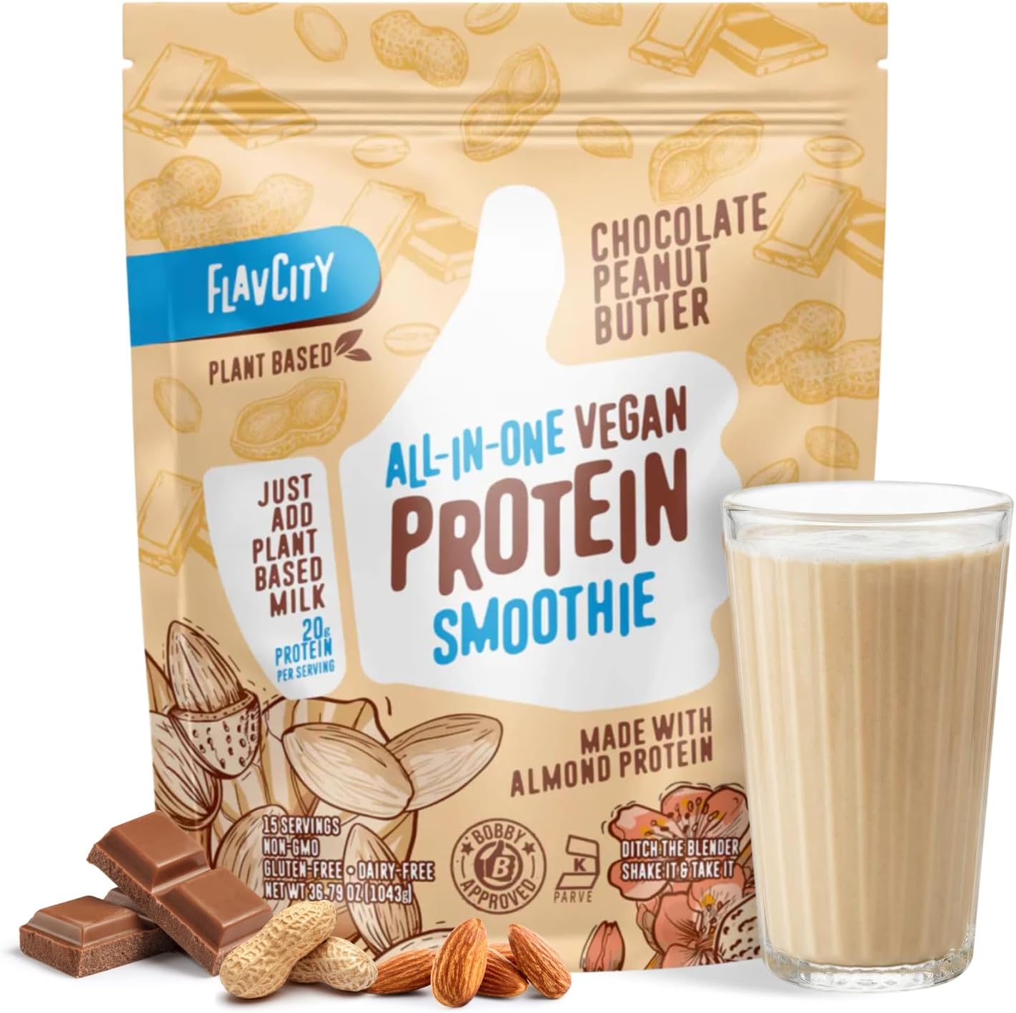 FlavCity Vegan Almond Protein Shake Powder, Chocolate Peanut Butter + Reishi & Cordyceps Mushrooms - Focus, Skin, Hair & Joint Support - All in One Smoothie for On-the Go, 20 Servings