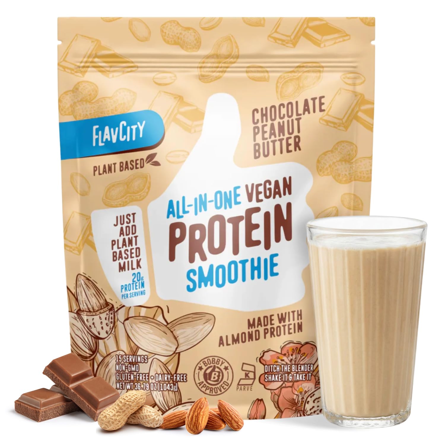 FlavCity Vegan Almond Protein Shake Powder, Chocolate Peanut Butter + Reishi &amp; Cordyceps Mushrooms - Focus, Skin, Hair &amp; Joint Support - All in One Smoothie for On-the Go, 20 Servings