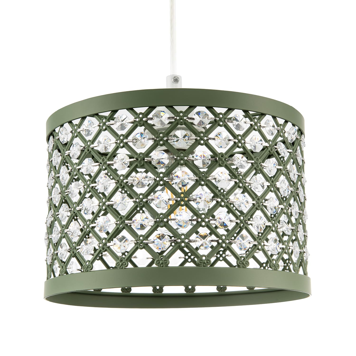 Happy Homewares Olive Green Modern Ornate Metal Pendant Light Shade With Clear Hexagonal Acrylic Beads | 25Cm Diameter | Shabby Chic Style By