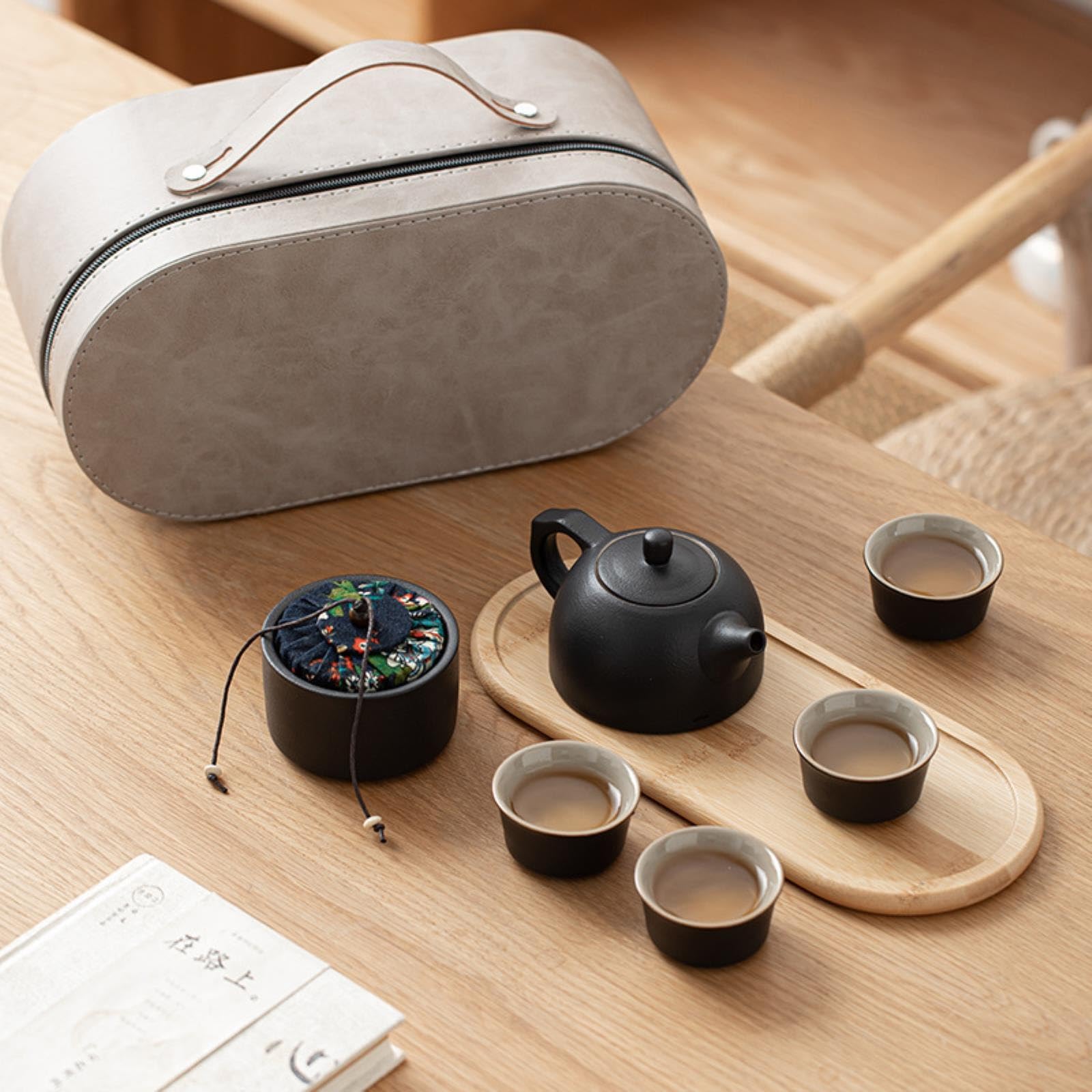 Set da tè da viaggio all'aperto portatile attività aziendale teiera in ceramica anti scottatura set da tè verde una pentola con quattro tazze+piatto da tè+lattina da tè+sacchetto blu