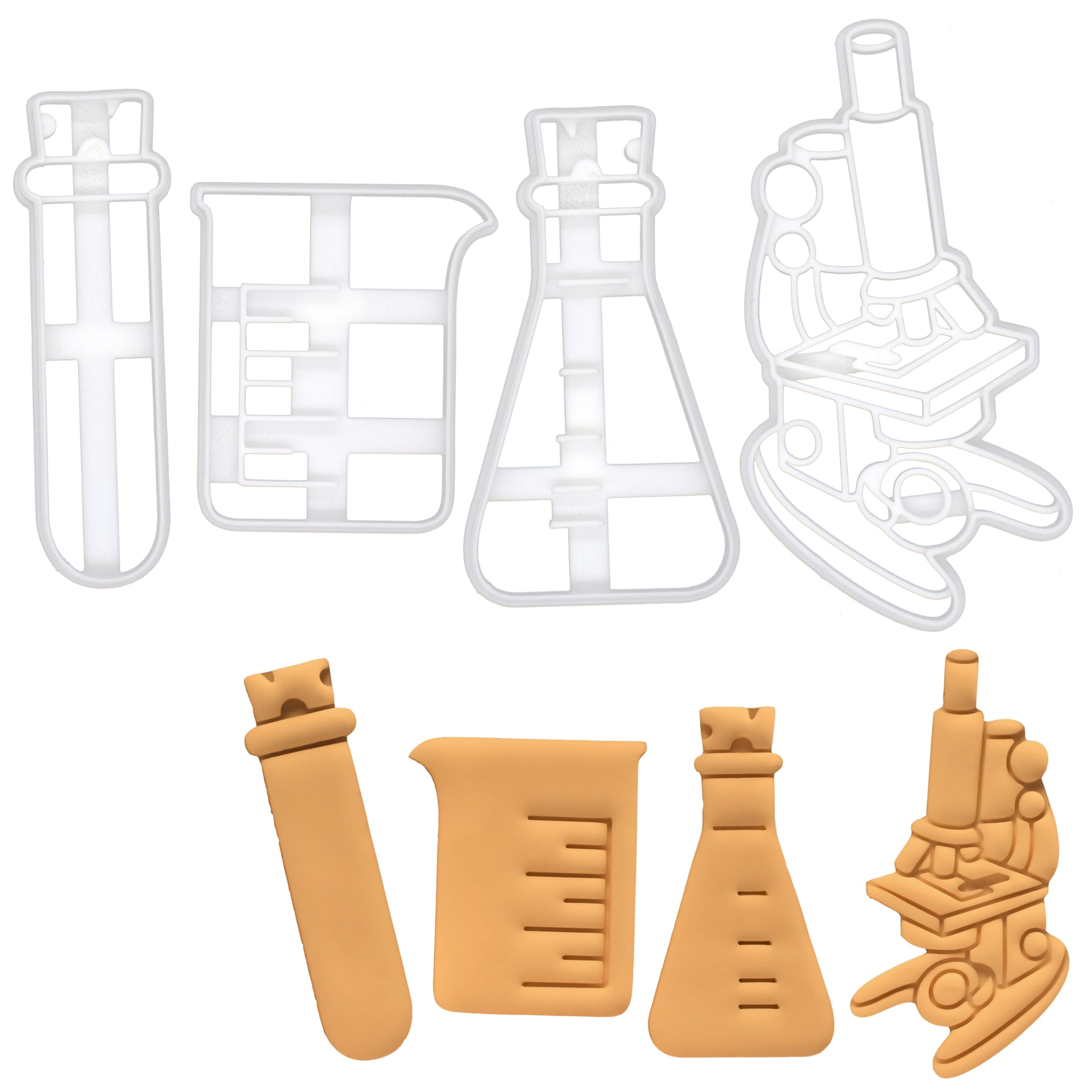 BAKERLOGY Juego de 4 cortadores de galletas para equipos de laboratorio (diseños: vaso de precipitados, microscopio, tubo de ensayo y frasco cónico) – Diseño detallado de cortador de galletas para