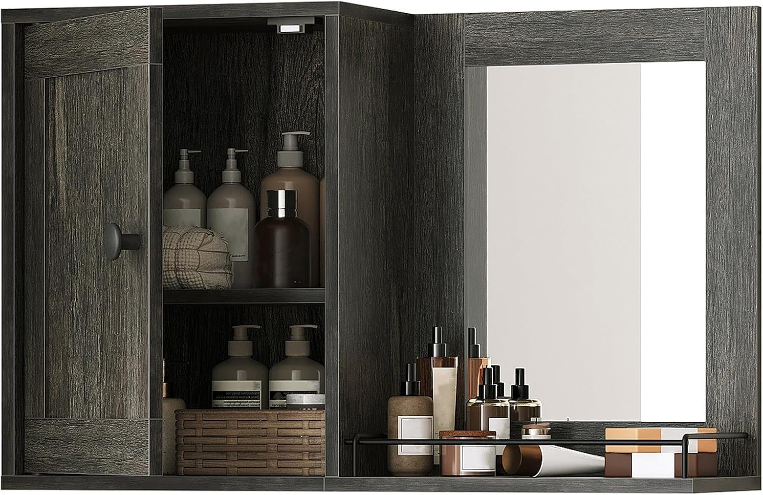YATINEY Medicine Wall Cabinet with Mirror, Bathroom Mirror with Storage, Medicine Cabinet Mirror, Wall Mounted Home Storage, Adjustable Shelf, for Laundry Room, Bedroom, Camper, Hallway, Smoky Oak