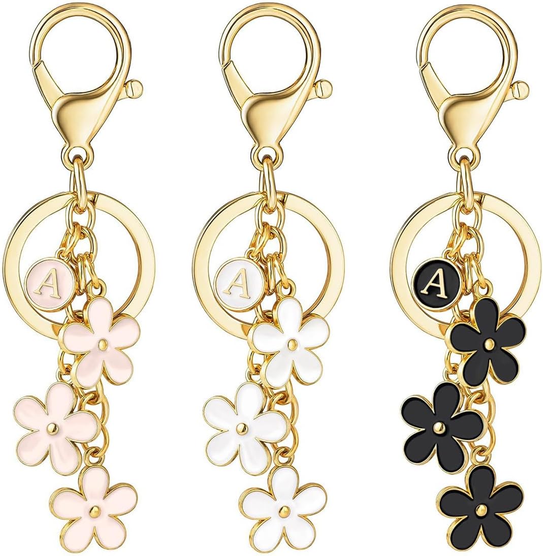 3Pcs Cute Keychain for Women, Flower Enamel Charm Keyring for Handbag Backpack Purse（White,Pink,Black
