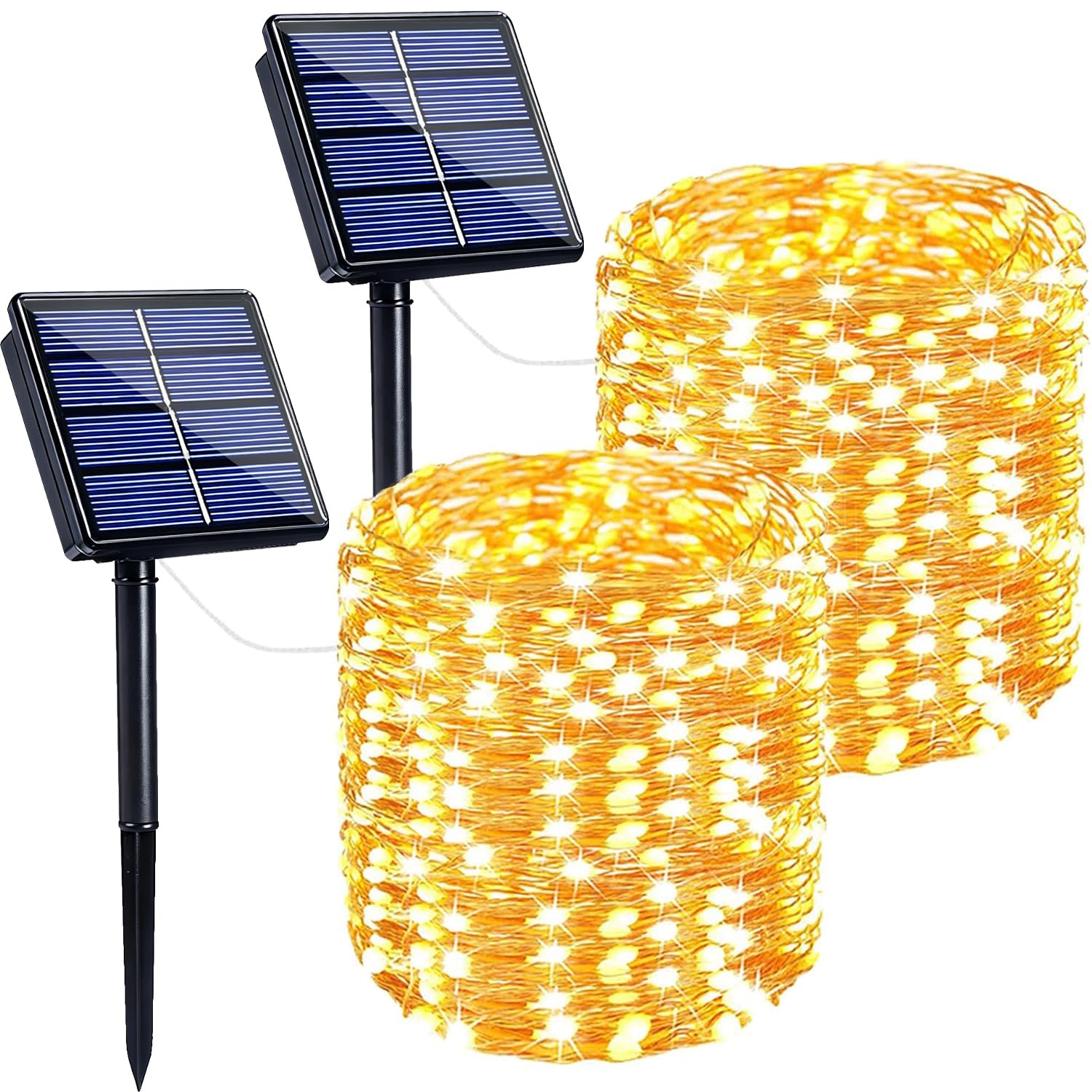 SANJICHA - Luci solari per esterni, confezione da 2 pezzi per 200 LED, molto luminose, con filo di rame impermeabile, 8 modalità di luci per decorazioni natalizie, feste, vacanze